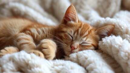  a close up of a cat laying on a blanket with its eyes closed and it's head on top of the cat's paw and it's head.