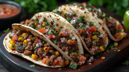  a close up of three tacos with meat and vegetables on a cutting board with a lime and a cup of salsa in the background with a lime on the side.