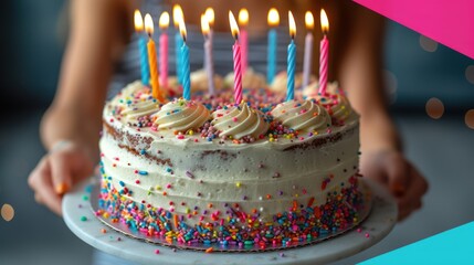  a birthday cake with white frosting and multicolored sprinkles with a person holding a plate with a cake in front of it with lit candles.