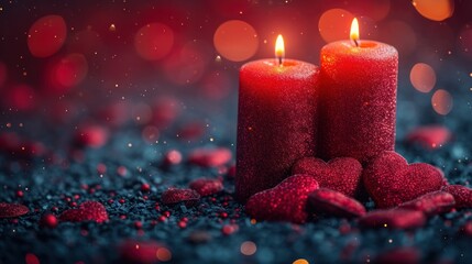  a couple of red candles sitting next to each other on top of a pile of red heart shaped candies in front of a dark background with boke of lights.