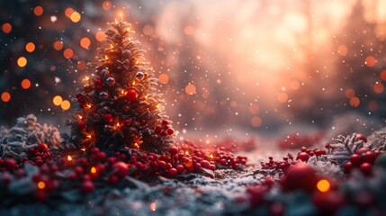  a small christmas tree sitting on top of a pile of snow next to a forest filled with lots of red and gold balls and snow covered with snowflakes.