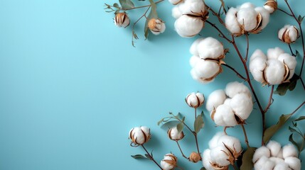  a branch of cotton with leaves on a blue background with a place for a text or a picture of a branch of cotton with leaves on a blue background with a.