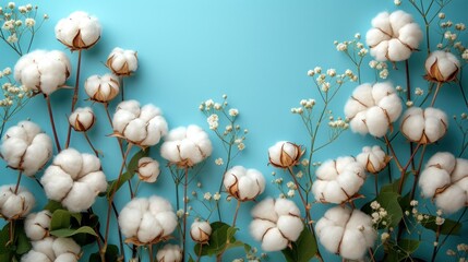  a bunch of cotton flowers on a blue background with a place for the text on the top of the picture and the bottom of the flowers on the bottom of the picture.