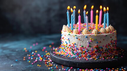  a birthday cake with white frosting and multicolored sprinkles on a black plate on a blue surface with sprinkles scattered around it.