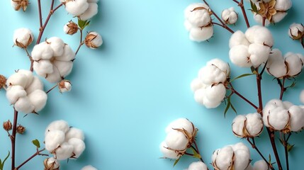  cotton flowers on a blue background with a place for the word cotton on the top of the photo and the bottom of the image of the flowers on the bottom of the picture.