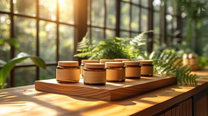  a row of jars sitting on top of a wooden table in front of a window with a green plant in the middle of the room and a sun shining through the window.