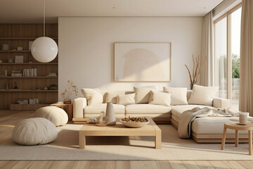 Fototapeta na wymiar A serene beige living room with sleek, modern Scandinavian design elements, featuring clean lines and ample natural textures.