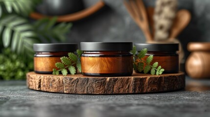  three jars of body butter sitting on top of a wooden cutting board next to a potted plant and a potted plant on the side of a wooden stand.