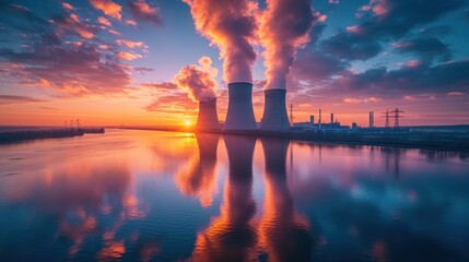  a large body of water with smoke coming out of the stacks in the middle of the water and the sun setting in the distance behind the smoke stacks in the sky.