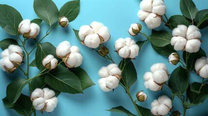  a bunch of cotton flowers sitting on top of a green leafy branch next to a green leafy plant on a blue background with a green leafy stem.