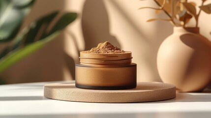  a jar of powder sitting on a table next to a vase with a plant in it and a vase with a plant in the corner of the photo on the table.