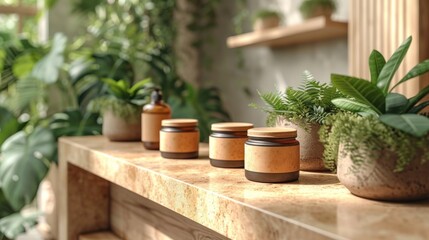  a row of jars sitting on top of a wooden shelf next to a potted plant on top of a wooden shelf next to a potted plant on a ledge.
