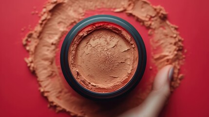 a close up of a person's hand holding a jar of makeup on a red surface with a red circle in the middle of the image and a red background.