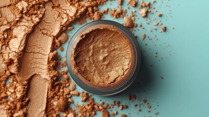  a close up of a jar of powder on a blue surface with a spoon next to it and a pile of dirt on the side of the jar and a light blue background.