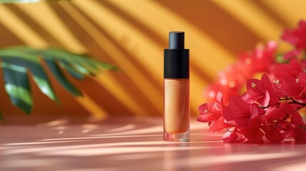  a bottle of liquid sitting on top of a table next to a bunch of flowers and a potted plant with red flowers in front of a yellow and orange background.
