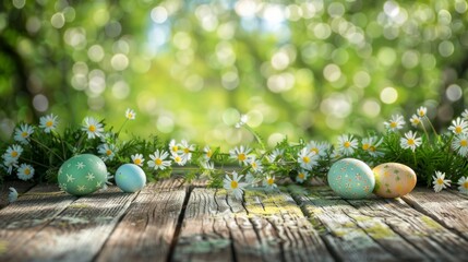 Decorative Easter eggs nestled among fresh springtime daisies on a wooden surface. - Powered by Adobe