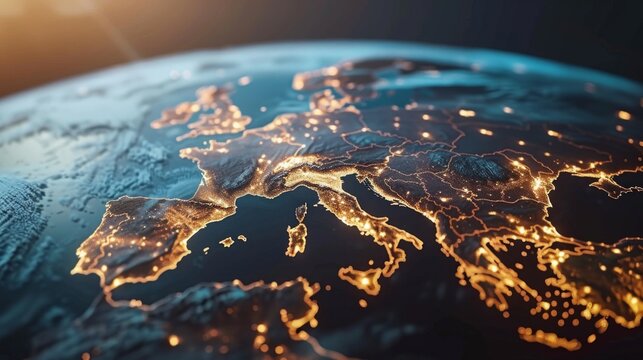 Satellite view of Europe at night, highlighting city lights and population density.