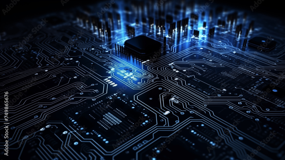Poster ai processor chip circuit board blue tech background template for web banner poster with copyspace f