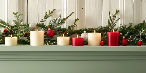 Illuminated candles among festive Christmas decorations on a mantelpiece with pine branches.