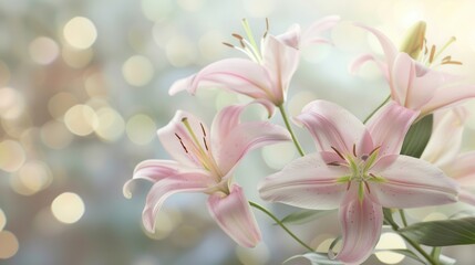 Soft focus of beautiful pink lilies with a warm bokeh light background.