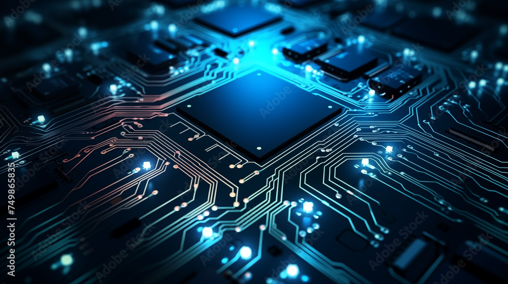 Poster ai processor chip circuit board blue tech background template for web banner poster with copyspace f