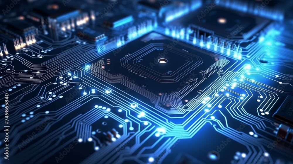 Poster ai processor chip circuit board blue tech background template for web banner poster with copyspace f
