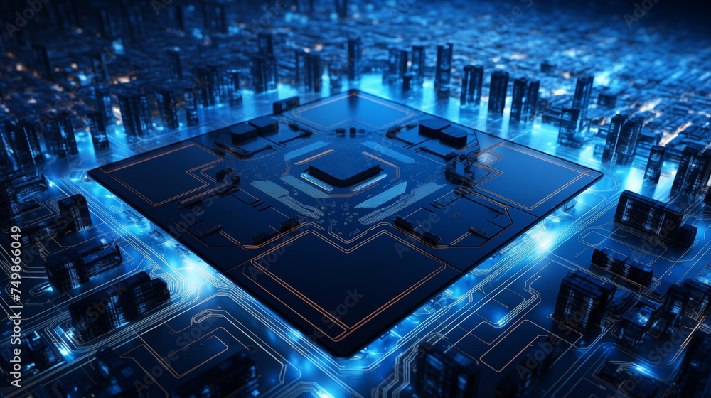 Aufkleber ai processor chip circuit board blue tech background template for web banner poster with copyspace f