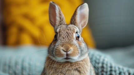Fototapeta premium a close - up of a rabbit's face looking at the camera while sitting on a bed with a blue blanket in the foreground and a yellow pillow in the background.
