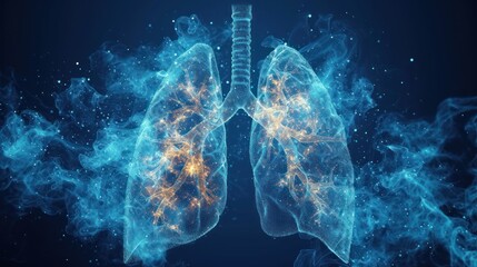  a computer generated image of a human lung in blue and orange smoke with a black back ground and a black back ground with blue and white smoke surrounding the lunges. - obrazy, fototapety, plakaty