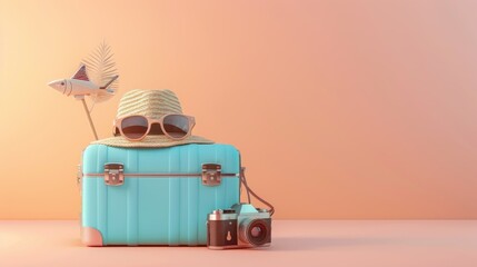 Blue suitcase with sun glasses, hat and camera on pastel peach background. travel concept minimal . 3d rendering 