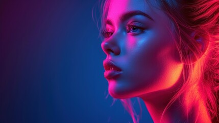  a close up of a woman's face with red and blue light coming out of the upper half of her face and the lower half of her face and upper half of the upper half of her face. - obrazy, fototapety, plakaty