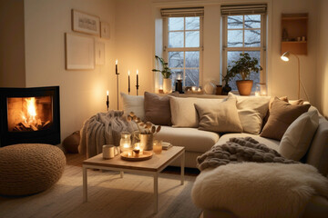 A cozy beige living room with Scandinavian-inspired furnishings, featuring warm textiles, plush rugs, and subtle accents of nature.