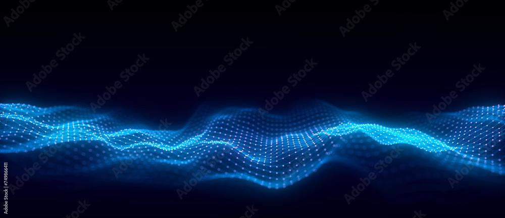Aufkleber Blue wave of particles and lines. Big data visualization. Abstract background with a dynamic wave. 3d rendering.