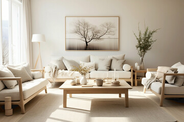 A cozy living room with a neutral color scheme of beige and ivory. Scandinavian furniture, such as a sleek sofa and coffee table, completes the inviting atmosphere.