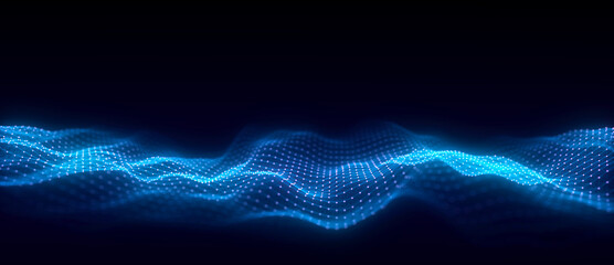 Blue wave of particles and lines. Big data visualization. Abstract background with a dynamic wave. 3d rendering.