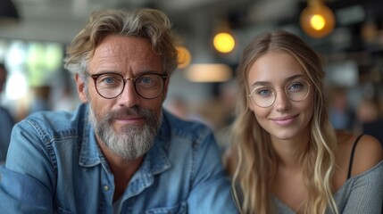  a man and a woman sitting next to each other in front of a man with glasses and a woman with long blonde hair wearing glasses and a blue denim shirt. - obrazy, fototapety, plakaty