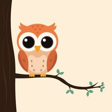 Owl on the tree branch cartoon character illustration