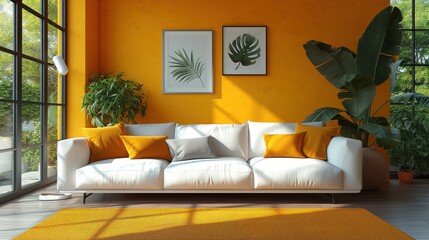  a white couch sitting in a living room next to a potted plant on top of a hard wood floor next to a yellow wall with two framed pictures on it.