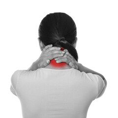 Woman suffering from rheumatism on white background. Black and white effect with red accent in...
