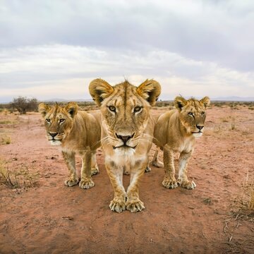a group of young small teenage lions curiously looking straight into the camera in the desert