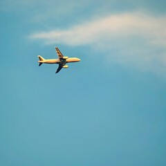 Commercial plane in the blue sky at sunset.