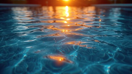  the sun is setting over the water of a swimming pool with ripples on the water and the sun reflecting off of the water's surface and reflecting off of the water.