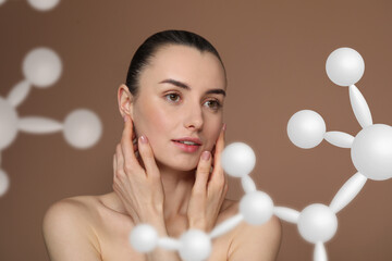 Beautiful woman with perfect healthy skin and molecular model on brown background. Innovative...