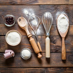 Baking concept kitchen cooking cutlery accessories for baking on wooden background with flour - obrazy, fototapety, plakaty