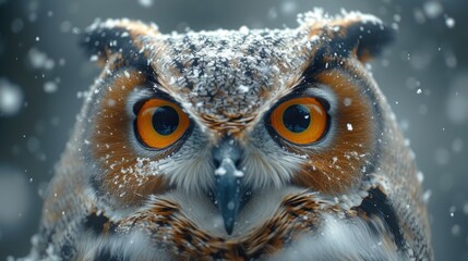  a close up of an owl with a lot of snow on it's face and an orange - eyed owl in the foreground of it's eyes.