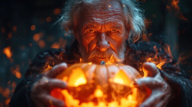  a close up of a person holding a pumpkin in front of a fire and smoke background with a caption that reads, there is an old man holding a pumpkin in his hands.