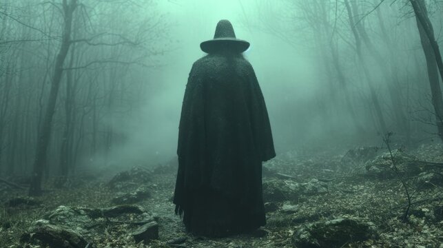  a man in a black cloak and hat standing in the middle of a forest on a foggy day with a black hat on his head and a black cloak.