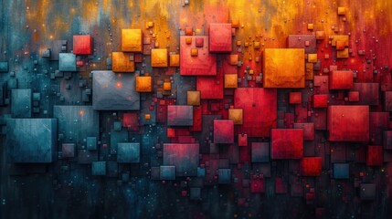  an abstract painting of squares and rectangles in red, orange, yellow, and grey colors on a black background with a splash of water droplets on the surface. - obrazy, fototapety, plakaty