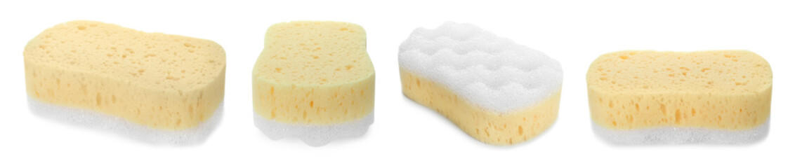 Different yellow sponges isolated on white, set