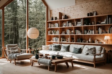 Obraz na płótnie Canvas Warm living area expansive windows showing forest outdoors 